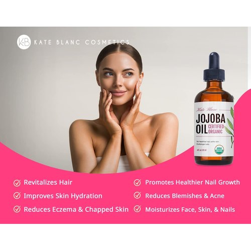 Kate Blanc Cosmetics Jojoba Oil for Hair Growth, Face, Skin (4oz, Organic, Pure) Stocking Stuffers Christmas Gifts for Women, Men, Mom, Dad, Teen. Gua Sha Oil for Facial Massage and Dermaplaning