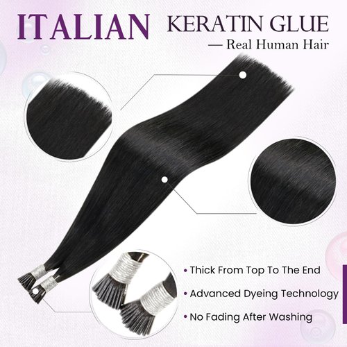 LaaVoo I Tip Hair Extensions Human Hair Jet Black Itip Human Hair Extensions 22 inch Black I Tips Hair Extensions Real Human Hair for Black Women Straight Hair I Tip Hair Extensions 50g/50s