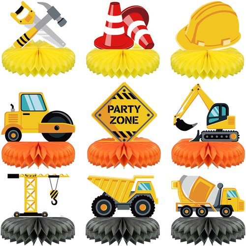 9 Pieces Construction Party Centerpieces Honeycomb Car Construction Centerpieces Truck Constructi...