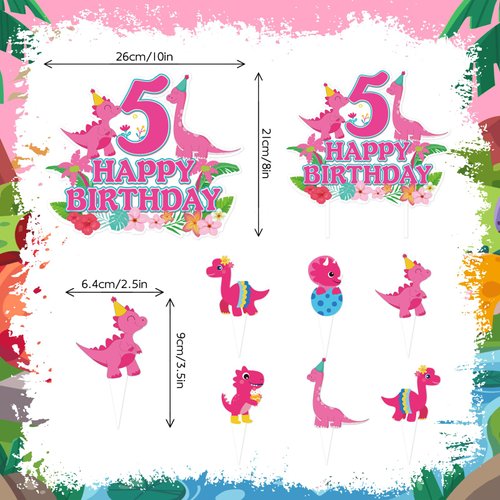 25pcs Pink Dinosaur 5th Birthday Party Supplies, Dinosaur Cupcake Picks Decorations, Pink Dinosaur Theme Happy Birthday Baby Shower Kids Girl Cupcake Toppers Decoration (5th)