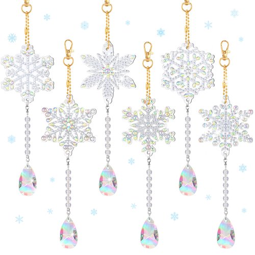 6 Pieces Winter Snowflake Painting Kits Double Sided Painting Suncatchers Wind Chimes Hanging Diamond Accessories for Kids DIY Crafts Christmas Home Windows Decoration