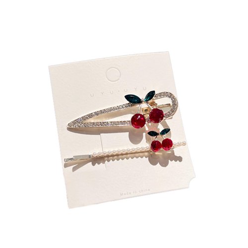 ZOONAI 2Pcs Sweet Cherry Hair Clips for Women Girls, Rhinestone Fruit Cherry Hairpin Hair Barrettes Hair Accessories (Rhinestone + Pearl, OneSize)