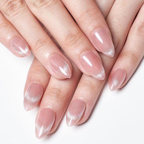 GLAMERMAID Cat Eyes French Tip Press on Nails Short Almond, Nude Pink Handmade Magnet Jelly Gel Fake Nail, Ombre Glitter Magnetic Glue on Nail Stiletto, Medium Oval Stick on False Nail Kit for Women