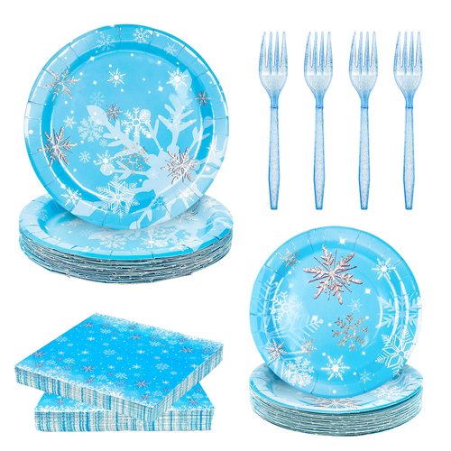 LMJUNZZ 120 Pcs Snowflake Party Tableware Set Plates, Napkins, Forks Party Supplies, Snowflake Castle Party Decorations, Favors for Girls Birthday, Baby Shower, Serves 30