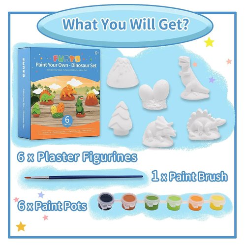 Funto Paint Your Own Dinosaurs Painting Kit, Arts and Crafts Set, STEAM Project Creative Activity DIY Toys, with 6 Figurines, 6 Paint Pots, 1 Brush