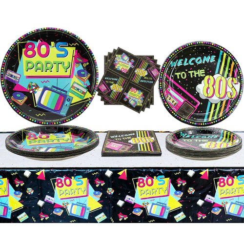 Hegbolke 80s Party Supplies - 61 Pcs 80s Plates Napkins Tablecloth Set, for Back to the 80s Party Decorations, 80s Theme Birthday Party Supplies - Serves 20