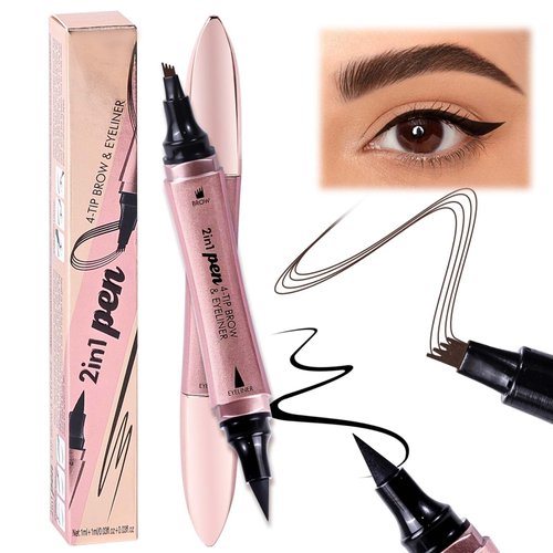 FADLASH Eyebrow Pencil Dark Brown and Liquid Eyeliner 2-IN-1 Microblading Eyebrow Pen Waterproof Eye Brow Pencils for Women with 4 Fork Tip Applicator for Natural Eyebrows Last All-Day (Dark Brown)