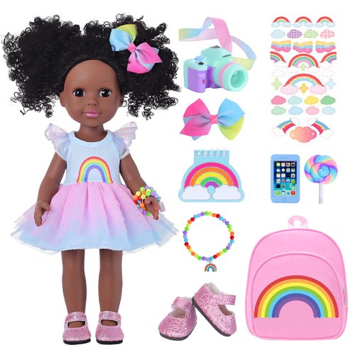 14.5 Inch Black Dolls with Black Baby Doll Clothes and Accessories Including Backpacks, Shoes, Cameras, Cell Phones, Lollipops, Bracelets, Hair Clips, Notebooks, Stickers