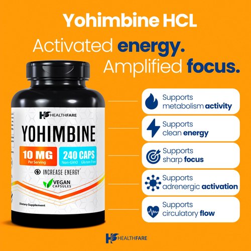 Healthfare Yohimbine HCL 10mg | 240 Vegan Capsules | Maximum Strength Formula | Non-GMO & Gluten-Free | Made in USA