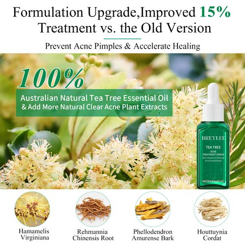 Tea Tree Oil Acne Serum, BREYLEE 2.0 Treatment Acne Prone Sensitive Skin Care Face Serum to Cystic Acne Scars, Redness Relief, Pimples Dark Spots Remove, Niacinamide Facial Moisturizer,17ml/0.6fl oz