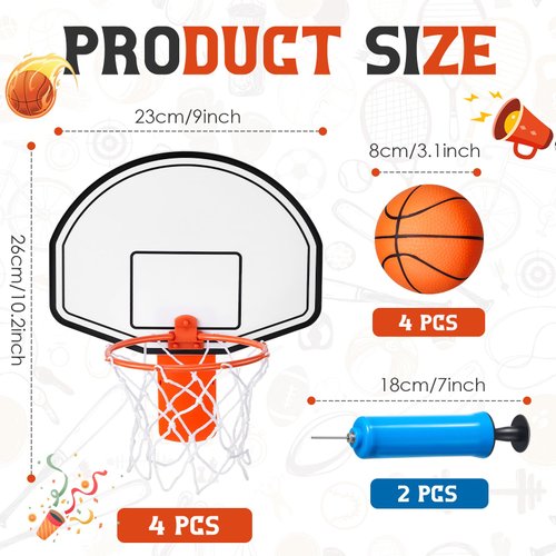 Liliful 4 Pack Indoor Trash Can Basketball Set, Including 4 Pcs Clip on Hoop with Backboard, 4 Pcs Inflatable Ball and 2 Pcs Pump, Fun Indoor Basketball Game Office Stress Relief Toy Fun Birthday Gift