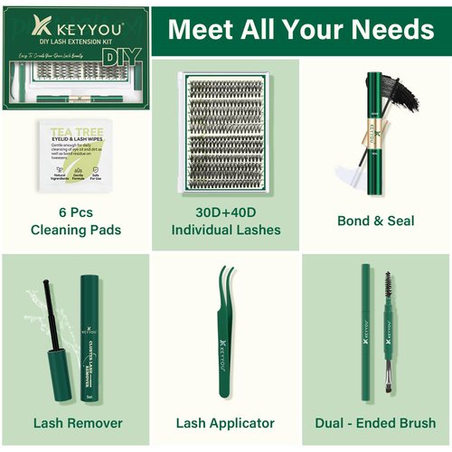 DIY Lash Extension Kit KEYYOU 300Pcs Individual Eyelash Extension Kit 30D40DD 0.07D Curl 9-18MIX Lash Clusters Kit with Lash Glue Remover Applicator Easy to Use(Kit-30D40D-D-9-18MIX)