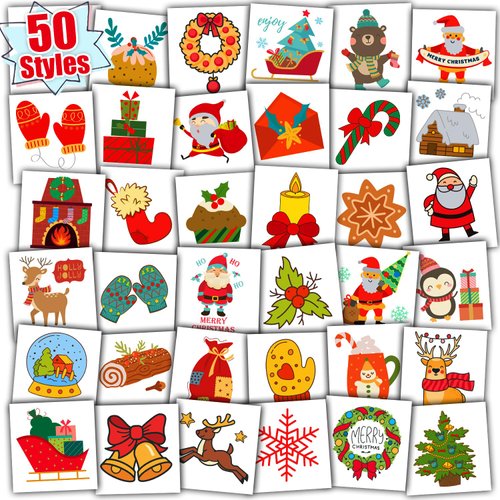 Partywind Christmas Stocking Stuffers for Kids, 50 Styles Temporary Tattoos for Kids Christmas Party Supplies Favors, Santa Snowflakes Goodie Bag Stuffers for Xmas Holiday Decorations