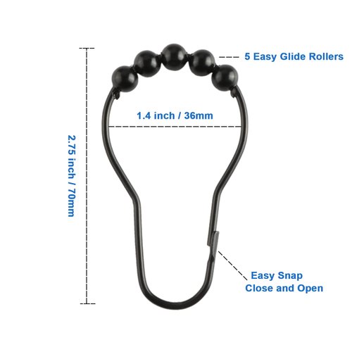 Ansxiy Shower Curtain Hooks Rings, Rustproof Metal Shower Curtain Rings for Bathroom Shower Rods Curtains - Set of 12, Matte Black