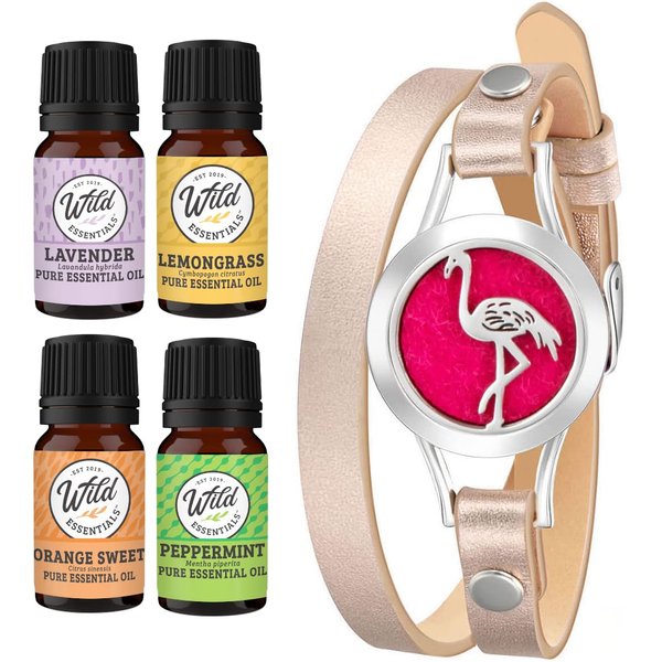 Wild Essentials Flamingo Essential Oil Leather Wrap Bracelet Diffuser Kit, Gift Set, Lavender, Lemongrass, Peppermint, Orange Oils, 12 Pads, Customizable Color Changing Perfume Jewelry, Aromatherapy
