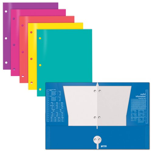 Better Office Products 4 Pocket Glossy Laminated Paper Folders (6 Pack), 3 Hole Punch Portfolios, Assorted Colors,(Brights)