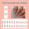 ANDGING French Tip Press on Nails Almond Short Medium Nude Fake Nails with Glitter Gold Line Design Gel Glue on Nails for Women Acrylic False Nails with Glue Stick on Nails for Wedding Birthday 24Pcs