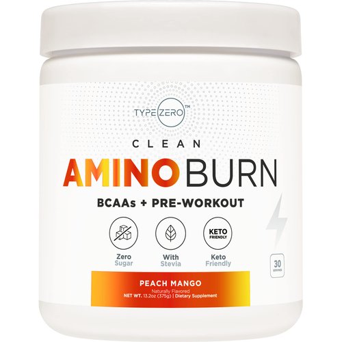 Type Zero AminoBurn - Natural Pre Workout + BCAA (Peach Mango | 30serv) Sugar Free BCAAs Amino Acids Supplement Keto and Amino Preworkout and Post Workout Drink