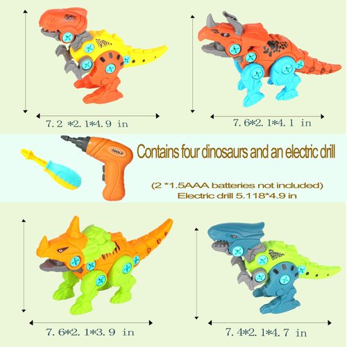 MISS. CHEN 7&7 4-in-1 Take Apart Dinosaur Toys with Electric Drill Toy for Kids 3+,Incl Tyrannosaurus Rex Triceratops,STEM Educational Construction Building Toys