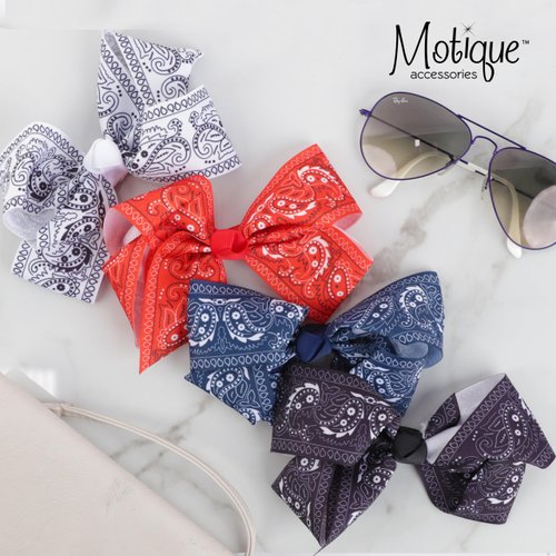 Womens Hair Bow Clips Paisley Print Ribbon, 5.5W x 4H Inches, Metal Clip (Red)