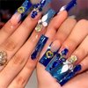 Rchovsam xl Long Press on Nails Square Fake Nails with Butterfly and Blue Diamond Glitter Diamond Stick on Nails with Gold Love Design Blue Rhinestone Glue-On Nails for Women 24pcs