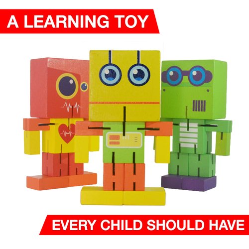 Wood & Robotics Wooden Robot Toy, cubebot cubebot, Cube Toy Puzzle, Micro, Stacking Robots, Fidget Bots, Puzzle Transforming Cube, Yellow