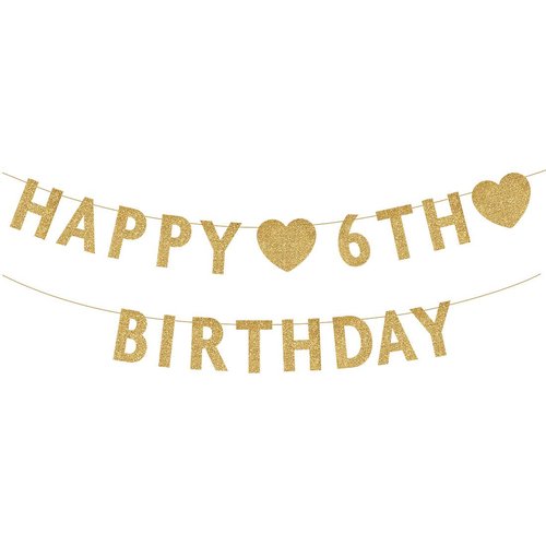 Gold Happy 6th Birthday Banner, Glitter 6 Years Old Boy or Girl Party Decorations, Supplies