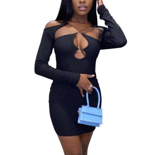 LuFeng Women's Sexy Long Sleeve Cold Shoulder Crisscross Cutout Backless Bodycon Club Mini Dress Black