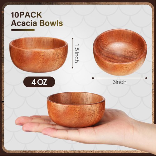 Skylety 10 Pcs Acacia Wooden Bowls Small Calabash Bowls Round Wood Salad Bowl Hand Carved Calabash Dip Tray for Serving Popcorn Pasta Candy Cereal Coconut Nuts Sauce Appetizers Kitchen (3 Inch)