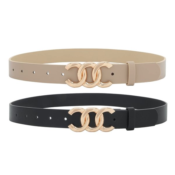 Earnda 2 Pack Women Belts for Jeans Dresses Fashion Gold Buckle Ladies Waist Belt Faux Leather Beige and Black Small 27-29