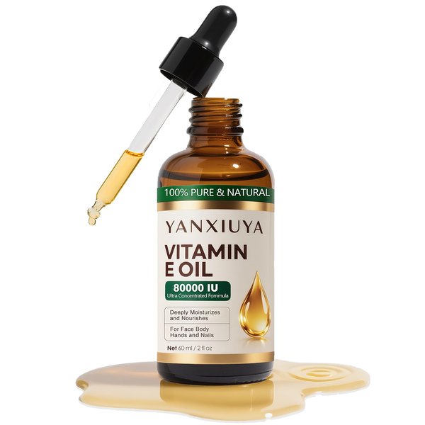 Vitamin E Oil, 80,000 IU Pure Organic Vitamin E Oil for Skin, Scars, Face & Body, Moisturizing Care for Hair, Nail & Scalp, Bath & Body, Hydrating Dry Skin, Wrinkles, Easy Absorption, 2 Fl Oz