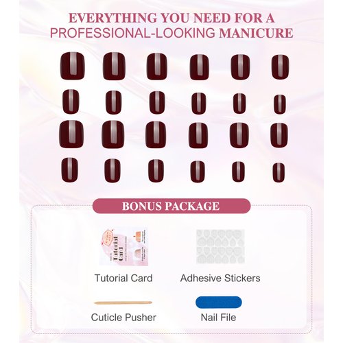 Press on Nails Short - Aegenacess Square Press On Nails, Jelly Wine Red Stick On Nails, Burgundy Glue On Nails with Jelly Stickers, Solid Color Fake Nails in 12 Size - 24PCS False Nail Kit