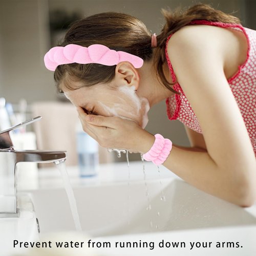 WHAVEL Spa Headband and Wristband Set, Puffy Headband for Washing Face Terry Cloth Face Wash Headband Skincare Wrist Bands Women Girls (Pink)