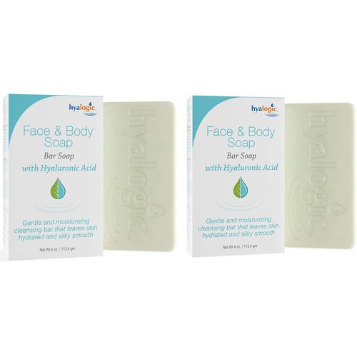 Hyalogic Face & Body Cleansing Bar Soap 4oz (Pack of 2) Hydrating Hyaluronic Acid Cleanser - Fragrance Free, Non-Irritating, Vegan Friendly HA