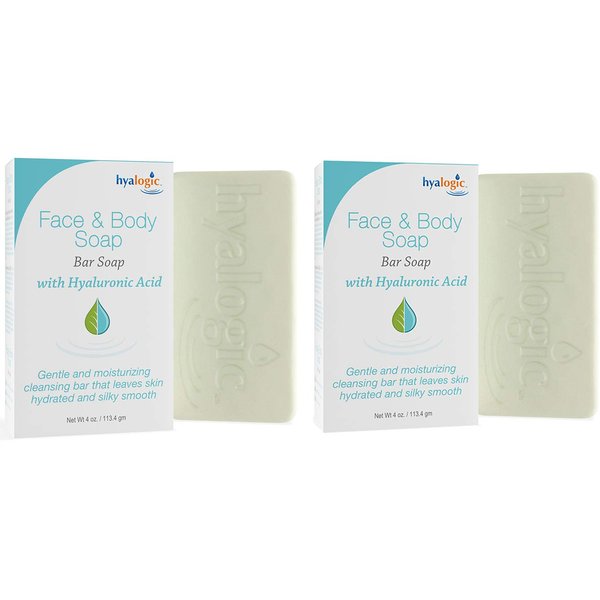 Hyalogic Face & Body Cleansing Bar Soap 4oz (Pack of 2) Hydrating Hyaluronic Acid Cleanser - Fragrance Free, Non-Irritating, Vegan Friendly HA