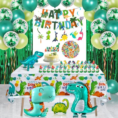 Dinosaur Party Decorations Dino Birthday Supplies Dinosaur Balloons Happy Birthday Banner Hanging Swirls Green Backdrop Curtains Tablecloths Cupcake Toppers Stickers for Baby Showers LilyZheng