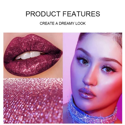 4 Colors Glitter Lipsticks Diamond Shimmer Metallic Lip Stick Set Kit Long Lasting, Purple Red Matte to Glitter Sparkle Sparkly Glossy Liquid Lipstick Lip Gloss Set for Women Lips Make up