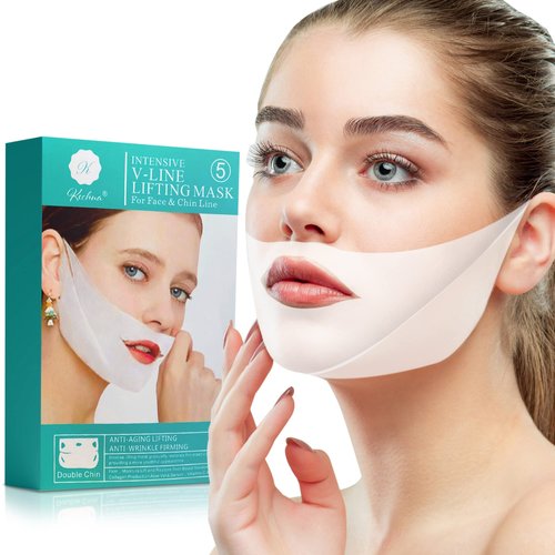 Kechua 5 Double Chin Face Masks - V line Lifting Hydrogel Collagen Mask - Chin Strap with Hyaluronic Acid and Aloe Vera -Face Mask for tightening contouring firming anti-aging