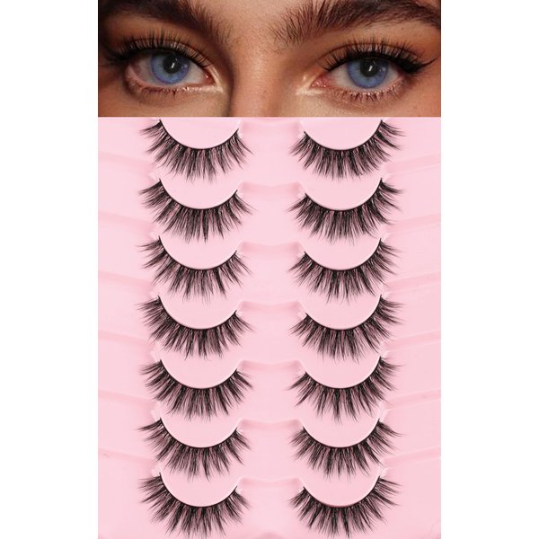 Lashes False Eyelashes Natural 16mm Wispy Eyelashes Thin Band Fluffy Lashes 3D Volume False Lashes Soft Strip Lashes Pack C Curl Natural Eyelashes Fake Lashes 7 Pair EVENTILL