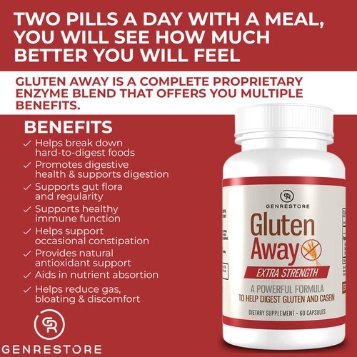 Gluten Away Dietary Supplement – Extra Strength Digestive Enzyme Health Gluten & Casein, Slower Digestion Release Protein Amino Acid in Bloodstream for Men and Women – 60 Capsules.