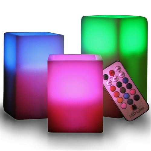 LED Lytes LED Multi Colored Flameless Candles Battery Operated, 3 Square Ivory Wax with Multi-Function Timer Remote Control, Flickering Flame Candle Set for Room Decor for Teens