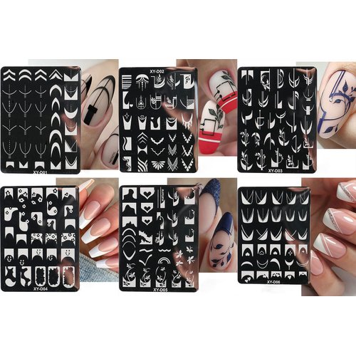 6Pcs Nail Art Stamping Templates Set with French Line Flowers Leaves Smiley Heart Design Art Stamping Kits DIY Printing Tools Fashion Art Decoration for Women and Girls