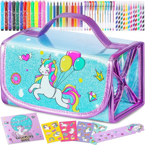 Washable Markers Set with Glitter Unicorn Pencil Case, Art Supplies for Kids Ages 4 5 6 7 8 Years Old, Arts Crafts Coloring Set with Crayon Pencil Gel Pen, Unicorn Toy Birthday Gift for Girls 4-6-8-10
