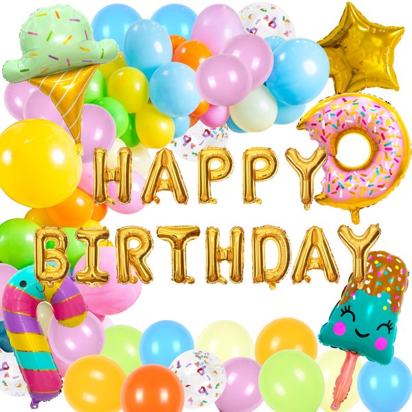 VIDAL CRAFTS 84 Pcs Candy Happy Birthday Decorations-Kids Birthday Party Decorations with Latex & Foil Balloons, Happy Birthday Banner and a Rainbow Balloon Arch Kit-Sweet Ice Cream Birthday Backdrop