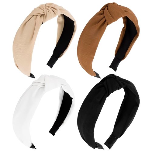 AOPRIE Headbands for Women Top Knotted Headbands for Girls Hair Bands for Women's Hair Solid Color Turban Wide Headbands for Women Black White Beige, 4 Pack