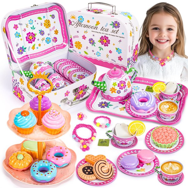 Hohosunlar Kids Tea Party Set for Little Girls, Flower Toy Tin Tea Set with Carry Case, Dessert Play Food Tea Cup Set Teapot Girl Jewelry, Birthday for Girls Kids 3 4 5 6 7 Years Old