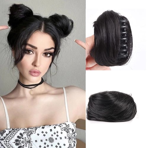 2PCS Cat Ears Hair Donut Chignon Claw Clip in Messy Hair Bun Mini Claw Clip in Updo Bun Extensions Wig Accessory Cat ears bun (1B)