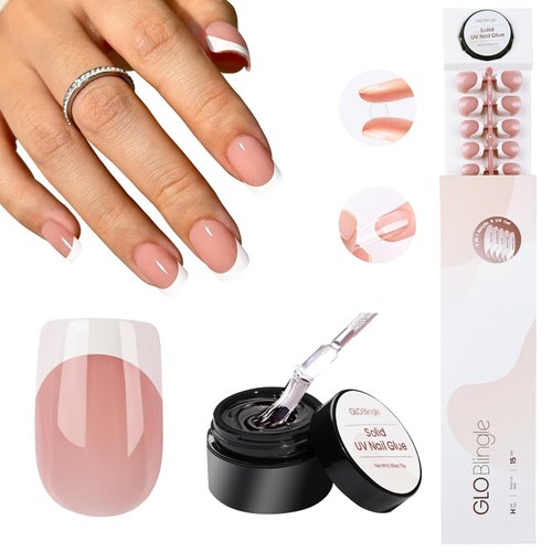 GloBlingle White French Tip Press on Nails Short Square Gel Nail Tips - 150Pcs French Nails 5 in 1 Acrylic False Nail Tips with Solid Nail Glue French White Nude Pink Extra Short Press on Nail Tips