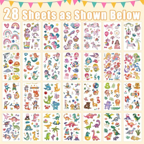 Partywind 310 Styles Glitter Party Supplies for Kids, Temporary Tattoos for Kids Birthday Party Decorations Favors, Surprise Goodie Bag Stuffers with Dinosaur/Mermaid/Animals (28 Sheets)