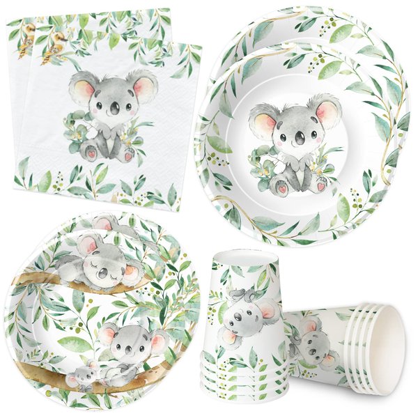 APOWBLS Koala Party Supplies For Birthday & Baby Shower - Koala Birthday Party Decorations Dinnerware Include Plates, Cups, Napkin, For Safari Jungle Animal Koala Bear Decorations Tableware | Serve 24